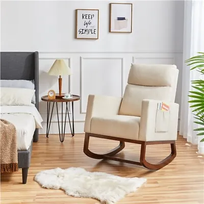 Rocking Chair With Solid Wood Legs Side Pockets Modern High Back Armchair  • $149.99