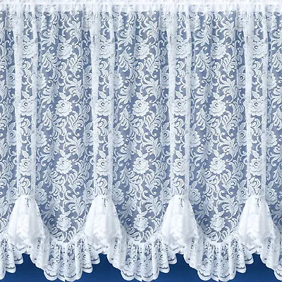 Kew Flounce Floral White Lace Net Curtains Scalloped Bottom - SOLD BY THE METRE • £6.47
