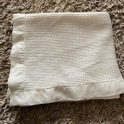 Vintage Thermal Waffle Weave Satin Nylon Trim Baby Blanket Creamy White No Tag • $124.95