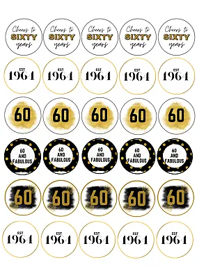30 X  Edible  60TH Birthday  Cupcake Toppers  Uncut Icing/wafer Black And Gold • £4.80