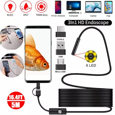 16.4FT Endoscope 7mm Borescope Inspection USB Camera Snake For Android PC MAC • $14.99