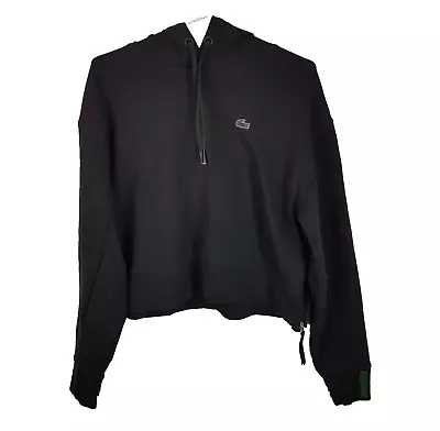 Lacoste Oversized Crop Hoodie Womens M Black Logo Hidden Zip Pocket Fleece • $13