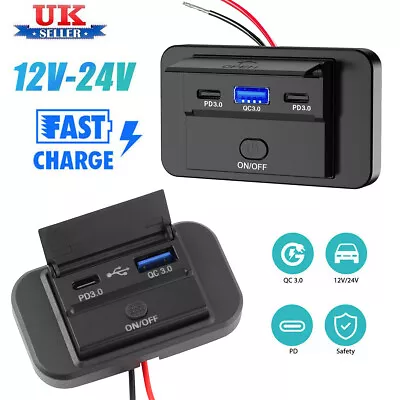 Car USB PD3.0 & QC3.0 Fast Charging Adapter Power Charger Socket Panel 12/24V • £6.89