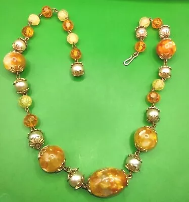 Vintage SWIRLED ORANGE Lucite & Pearl Beaded Choker Necklace In Gold Tone • $4.99