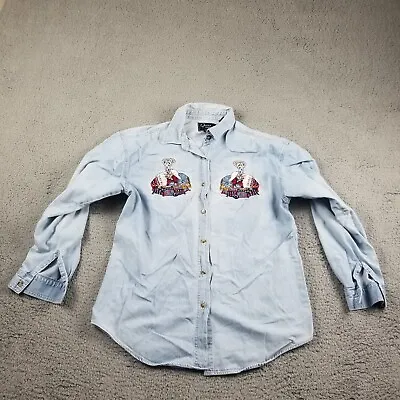 Vintage Lets Quizz Again Denim Shirt Western Cowboy Cats Nap XL Embroidered • $18.88