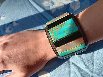 Huge Vintage Native American Onyx Turquoise & Mother Of Pearl Cuff 2   1970s  • $695