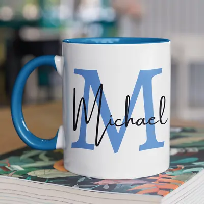 Personalised Name Mug Blue Initial Name Custom Coffee Cup Him Dad Christmas Gift • £3.49