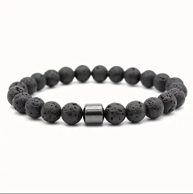 Men's And Women's Gemstone Strand Bracelet Matte Black Beads Lava Stone. • £2.70