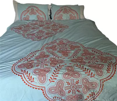 BOHO Queen Duvet Cover 2 Sham Nordstrom EMBROIDERED Light Blue Orange Moroccan • $55