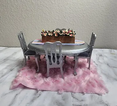 Dollhouse Miniature Wooden Dining Table 4 Chairs  Upholstered Silver  1:12 • $25