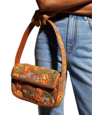 $230 • Buy Staud Tommy Raffia Floral Bead Shoulder Bag NWT