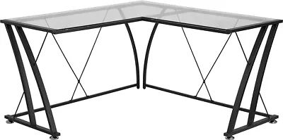 L-Shape Computer Desk With Clear Tempered Glass Top & Black Metal Frame • $329.95