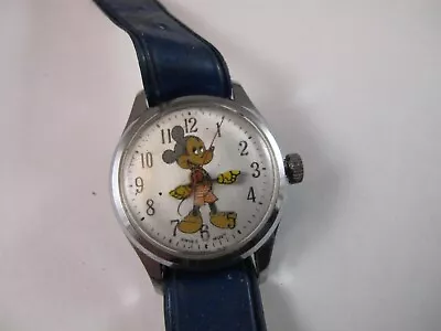 MICKEY MOUSE VINTAGE SWISS WATCH BLUE STRAP WIND UP No Reserve • $1.25