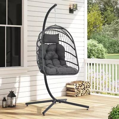 Folding Rattan Hanging Egg Chair Garden Patio Swing Pod Hammock W/Stand Cushion • £16.94