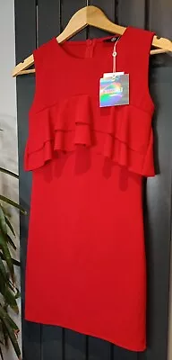 Missguided Red Dress Layered Frill Top Body Con Knee Length NWT Size 8 • £2.99