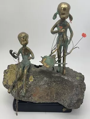 Malcolm Moran Girl Flowers Boy Fishing Brass Sculpture Rock Stone *ISSUES READ • $49.50