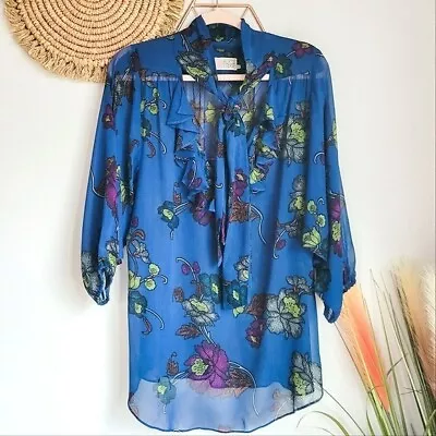 Alice & Trixie 100% Silk Navy Blue Floral Tie Neck Blouse Top Size Large • $37.99