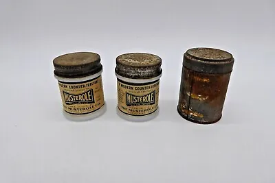 Two Vintage Musterole Milk Glass Jars One Dental Sweet Snuff Metal Can • $9