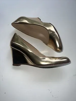 J. Crew  Gold Metallic  Martina Patent Leather Round Toe Wedge Heels Size 6 • $39