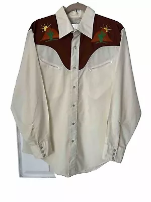 Vtg JC Penny Mens Shirt Large Cream Brown Pearl Snap Embroidered Sunset • $29.96