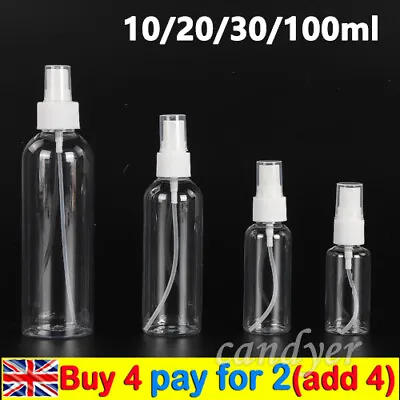 20/30/100ml Transparent Spray Bottle Plastic Refillable  Small Travel Mist Empty • £2.49