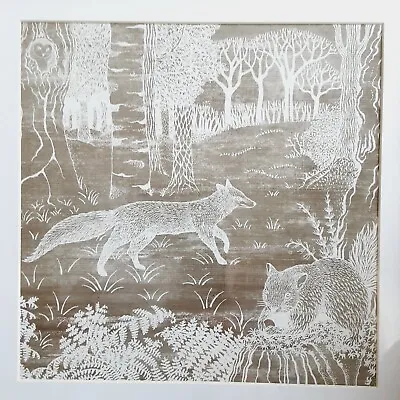Lino Cut Print Framed Woodland Scene Fox Squirrel Owl 30cm X  30cm • £8.99