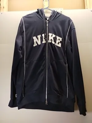 VTG Nike Spell Out Full Zip Navy Hoodie Jacket L Gray Tag Vintage Embroidered • $29.99