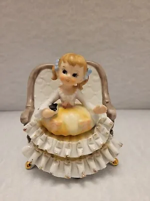 Vintage Figurine Girl On Couch Porcelain Ruffled Dress TW-118 Made In Taiwan  • $9.99