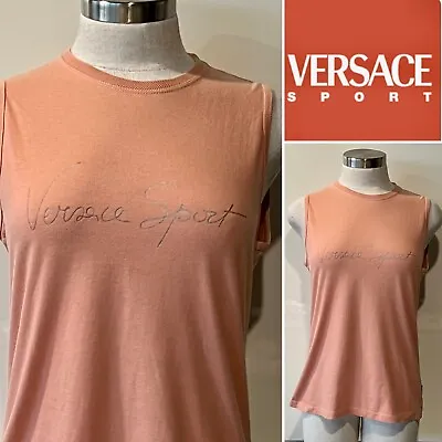 VERSACE SPORT Italy  Peach 100% Cotton  Versace  Logo Print S/Less Top Tank L • $99