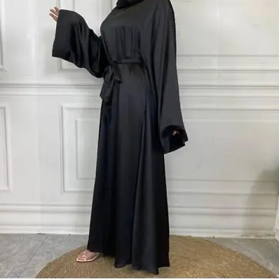 Womens Ladies Plain Satin Abaya With Belt Tie Sizes 50 52 54 56 And 58 • £19.99