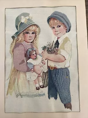 Vintage Embroidered Picture Sweet Blond Brother And Sister Completed Crewel • $15.96