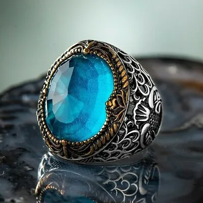 Solid 925 Sterling Silver Vav Design Blue Topaz Stone Men's Ring • $59.90