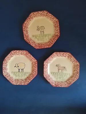 MOLLY DALLAS  RED SPATTERWARE PLATE GOAT LAMB HORSE 6 7/8   8 Sides 3 PCS. • $33