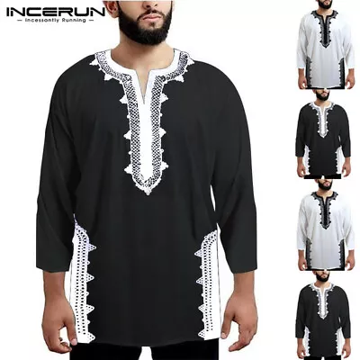 African Dashiki Men's V Neck T-shirt Hippy Formal Ethnic Tops Casual Blouse Tee • £19.19