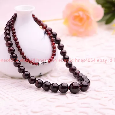 Natural 5-11mm Dark Red Garnet Round Gemstone Beads Necklace 18   • $11.99
