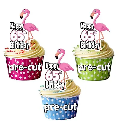 65th Birthday Pink Flamingo - Precut Edible Cupcake Toppers Cake Decorations • £3.75