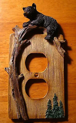 BLACK BEAR CUB OUTLET WALL PLATE COVER Log Cabin Lodge Wood Grain Home Decor NEW • $12.95