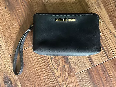 Genuine Michael Kors Travel Double Zip Phone Wallet Wristlet Black & Gold • $29.95