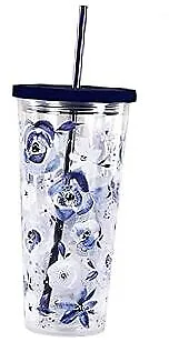 Steel Mill & Co Insulated Cup With Lid And Straw Floral 24oz Blue Watercolor • $31.90