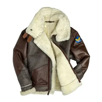 Men's Aviator Brown B3 Real Shearling Sheepskin Leather Bomber Flying Fur Jacket • $196.90