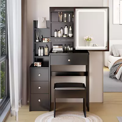 4 Drawers Makeup Vanity Desk & Cushioned Stool Set Large Sliding Lighted Mirror • $154.99