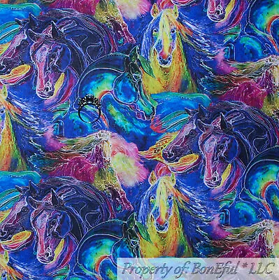 BonEful Fabric FQ Cotton Quilt Blue Rainbow Batik Horse Hair Running Swirl Scene • $14