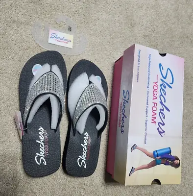 NWT Women's SKECHERS Yoga Foam Silver Bling Black Flip Flops 1.5  Heel W/box 10 • $22.99