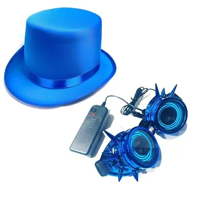 Blue Satin Top Hat & LED Steampunk Crazy Goggles Fancy Dress Costume Outfit • £19.99