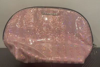Victoria Secret Posh Pink Sparkle Zip Bag Make Up Coin Purse Striped • $11.86