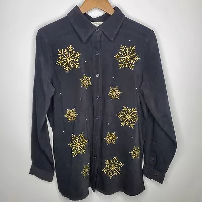 Quacker Factory Womens Gold Snowflake Embroidered Button Front Blouse Size M • $18.99
