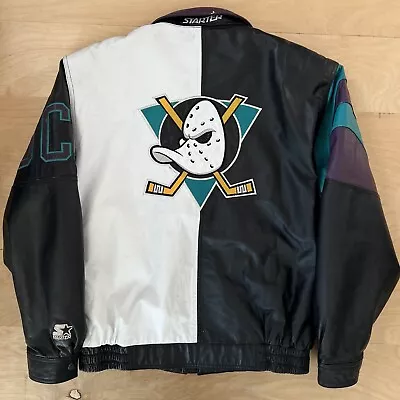 Vintage Mighty Ducks Leather Jacket XL Black Multicolor 90s Starter NHL Hockey • $350