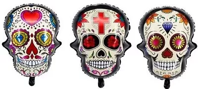 3pcs Sugar Skull Foil Balloon Mexican Day Of The Dead Party Decoration Heart • £4.49