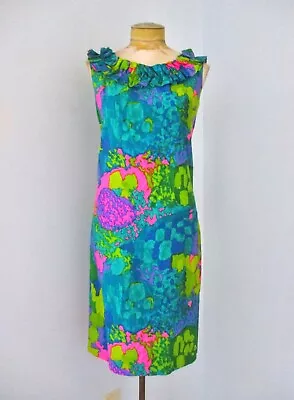 Vtg 60s Mod Neon Pink Blue Tropical Floral Sateen Hawaiian Dress Ruffle Neck S • $45