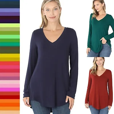 Zenana V-Neck Long Sleeve T Shirt Hi-Low Hem Luxe Rayon Relaxed Fit Top S To XL • $12.45